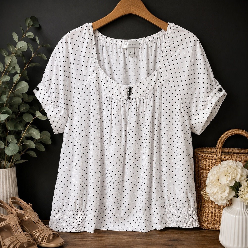 Dressbarn Blouse Polka Dot Smocked Hem XL White Black Retro Peasant Top